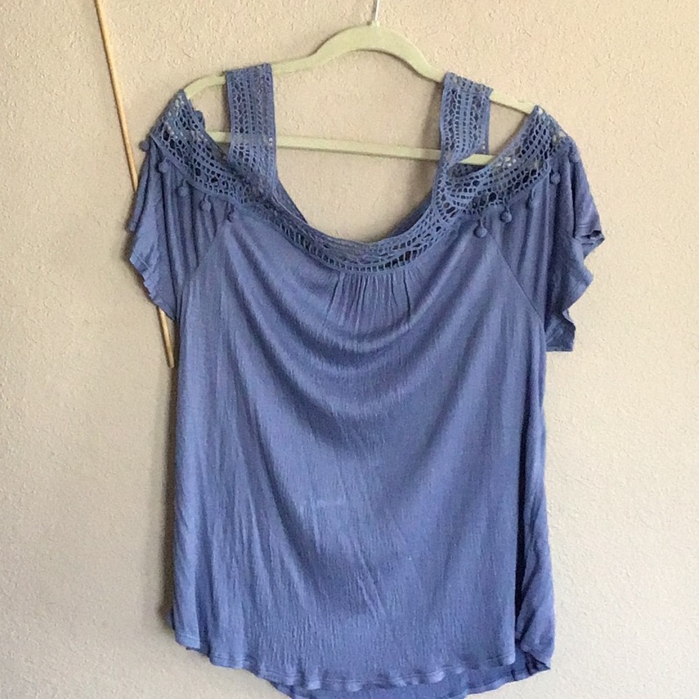 WHIMSICAL SOFT FEMININE STRETCH COLD SHOULDER TOP WITH POM SLEEVE DETAILS, XL